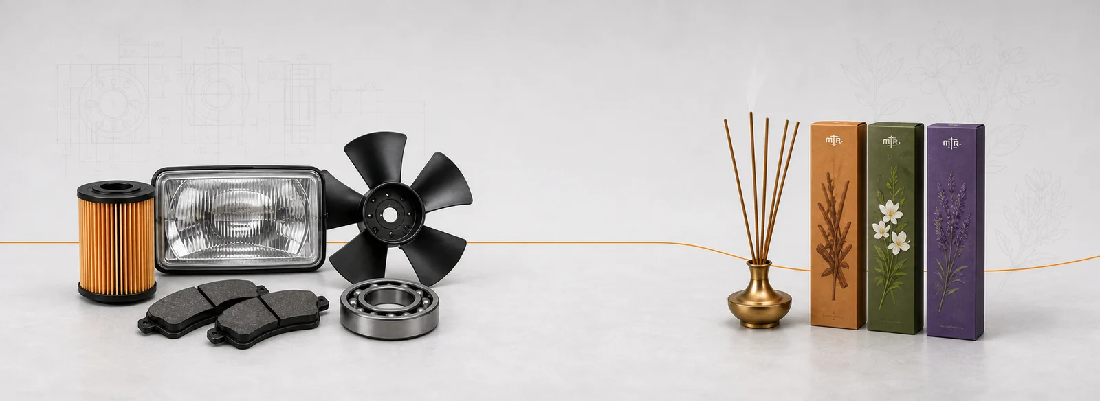 Automotive components displayed with incense products
