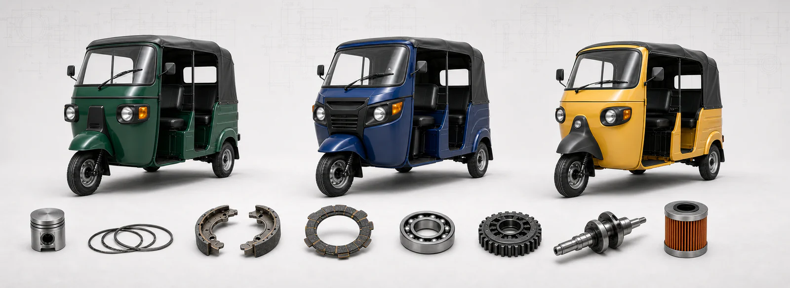 Passenger three-wheelers displayed with mechanical spare parts