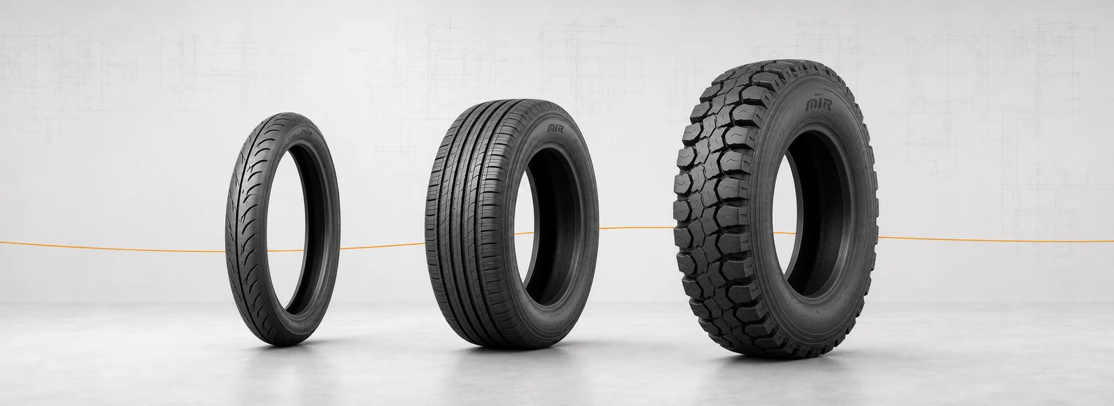 Three upright tyres showing two-wheeler, passenger-car and commercial tread profiles